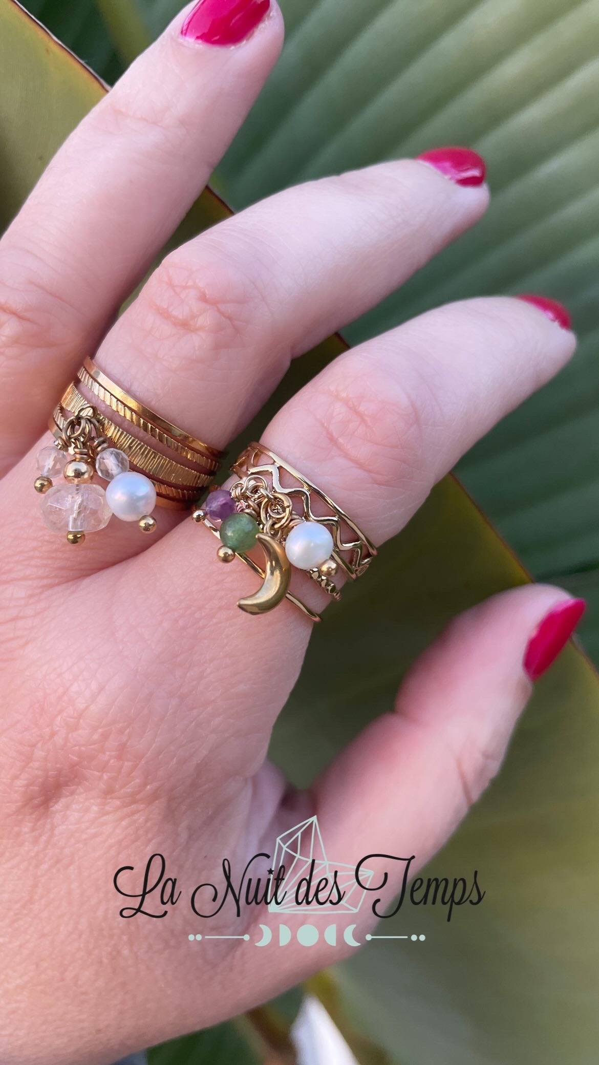 Bague Lune Sacrée – Améthyste, Aventurine & Perle d’Eau Douce 🌿