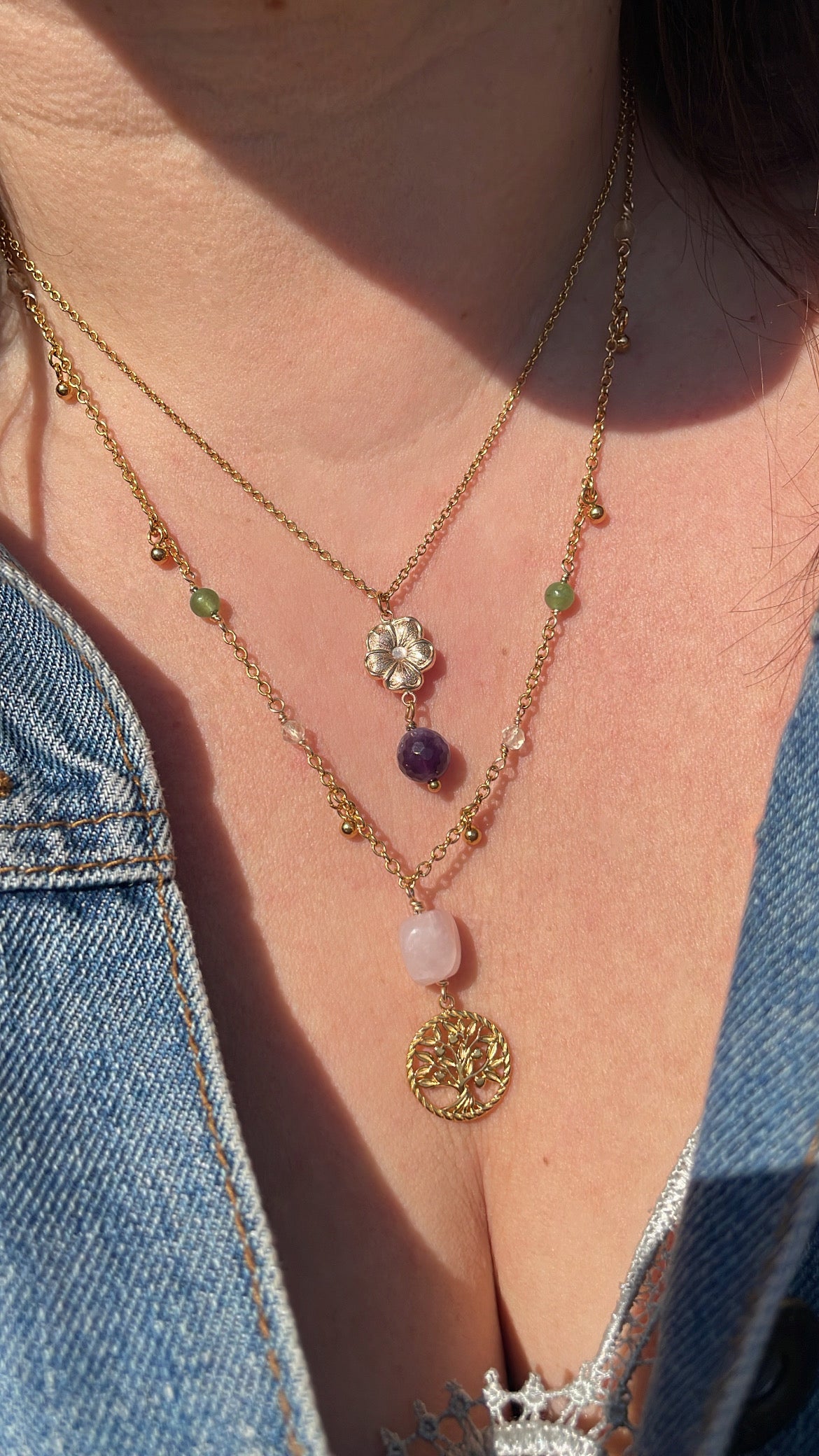 Collier Arbre d’Ostara – Quartz Rose, Citrine & Aventurine 🌿