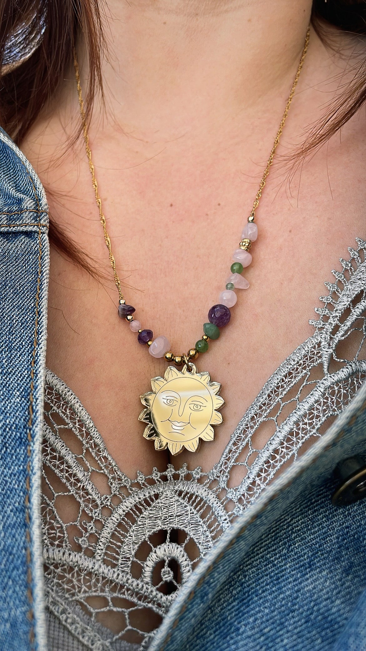 Collier Soleil d'Ostara - Améthyste, Quartz rose, et Aventurine