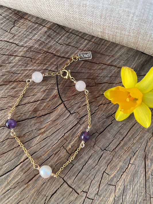 Bracelet Douce Harmonie – Quartz Rose, Améthyste & Perles de Culture 🌿