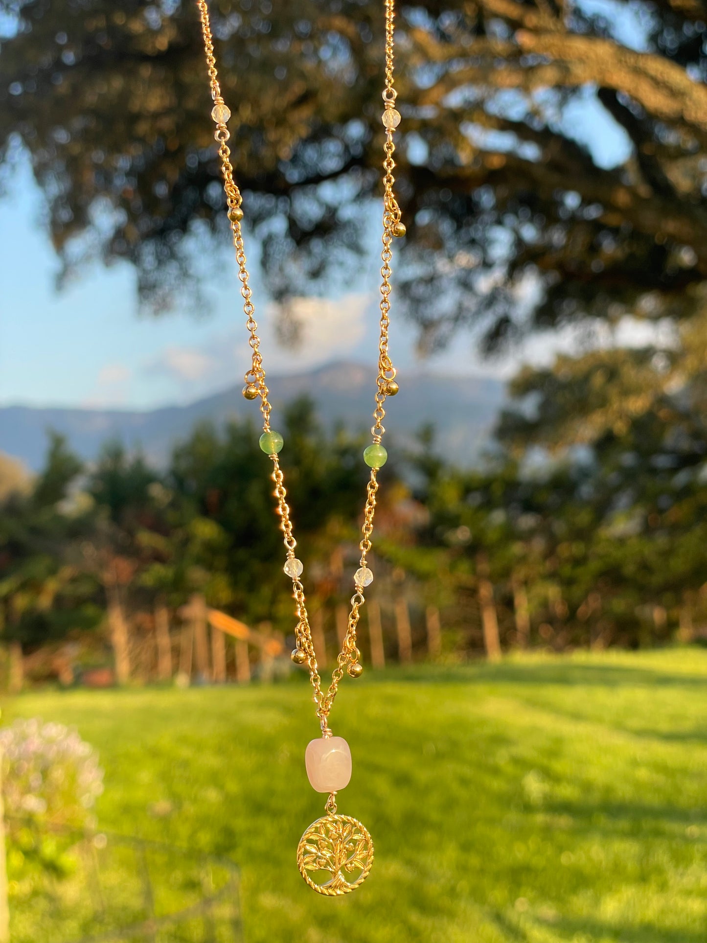 Collier Arbre d’Ostara – Quartz Rose, Citrine & Aventurine 🌿