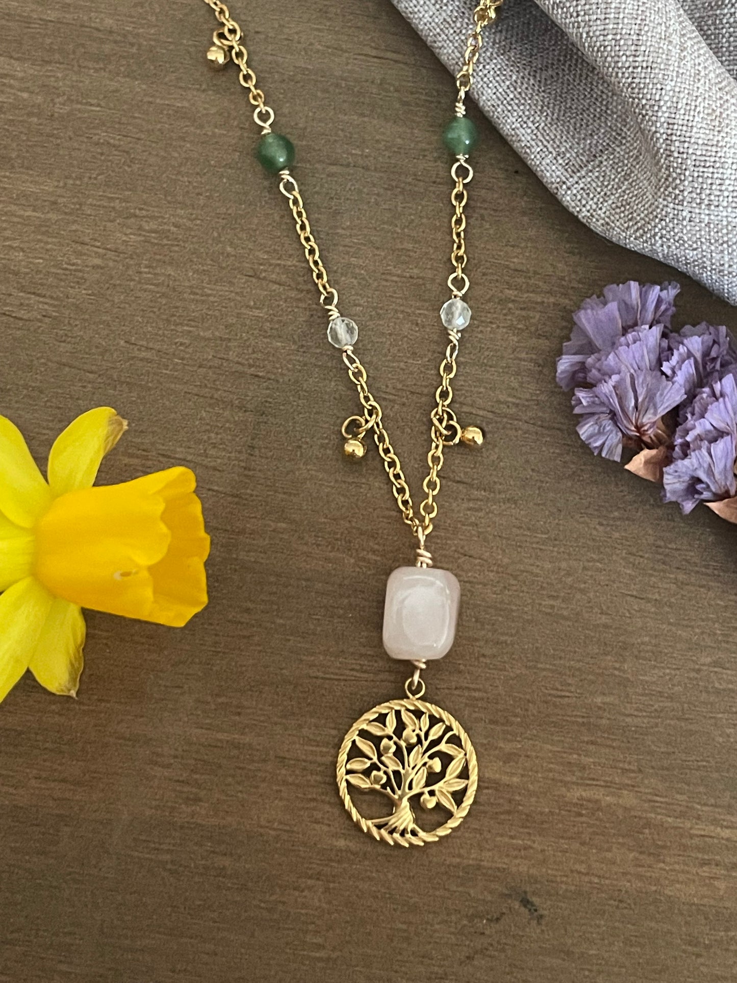 Collier Arbre d’Ostara – Quartz Rose, Citrine & Aventurine 🌿