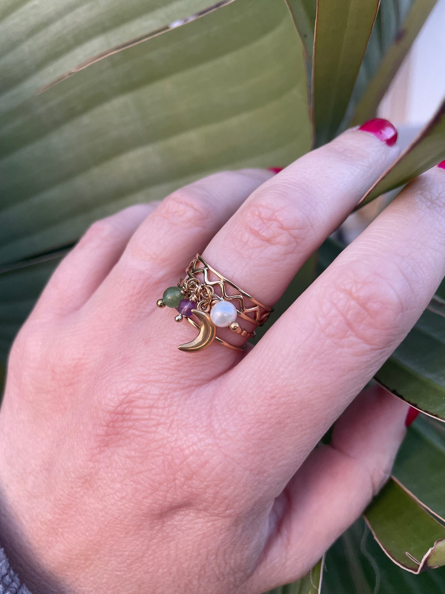 Bague Lune Sacrée – Améthyste, Aventurine & Perle d’Eau Douce 🌿