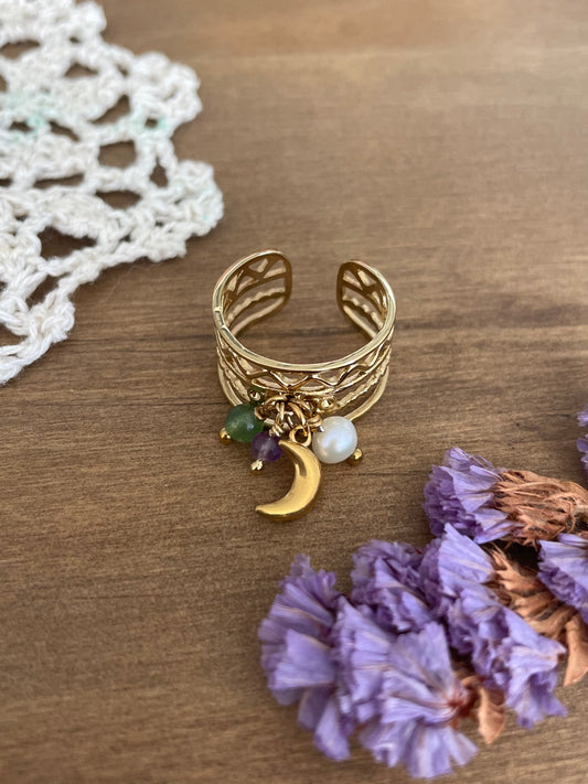 Bague Lune Sacrée – Améthyste, Aventurine & Perle d’Eau Douce 🌿